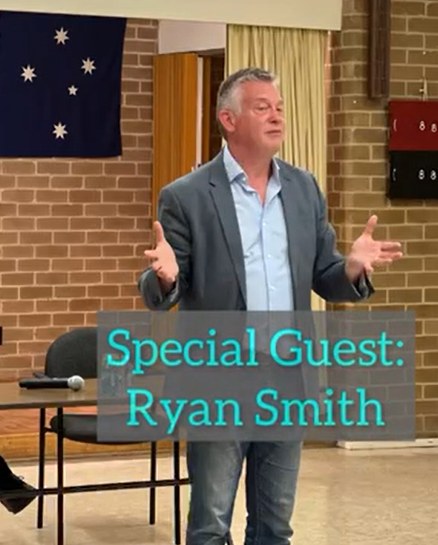 Ryan Smith MP speaking to Jeeran families at the Doncaster Senior Citizens Centre in November 2022, with the caption Special Guest: Ryan Smith.