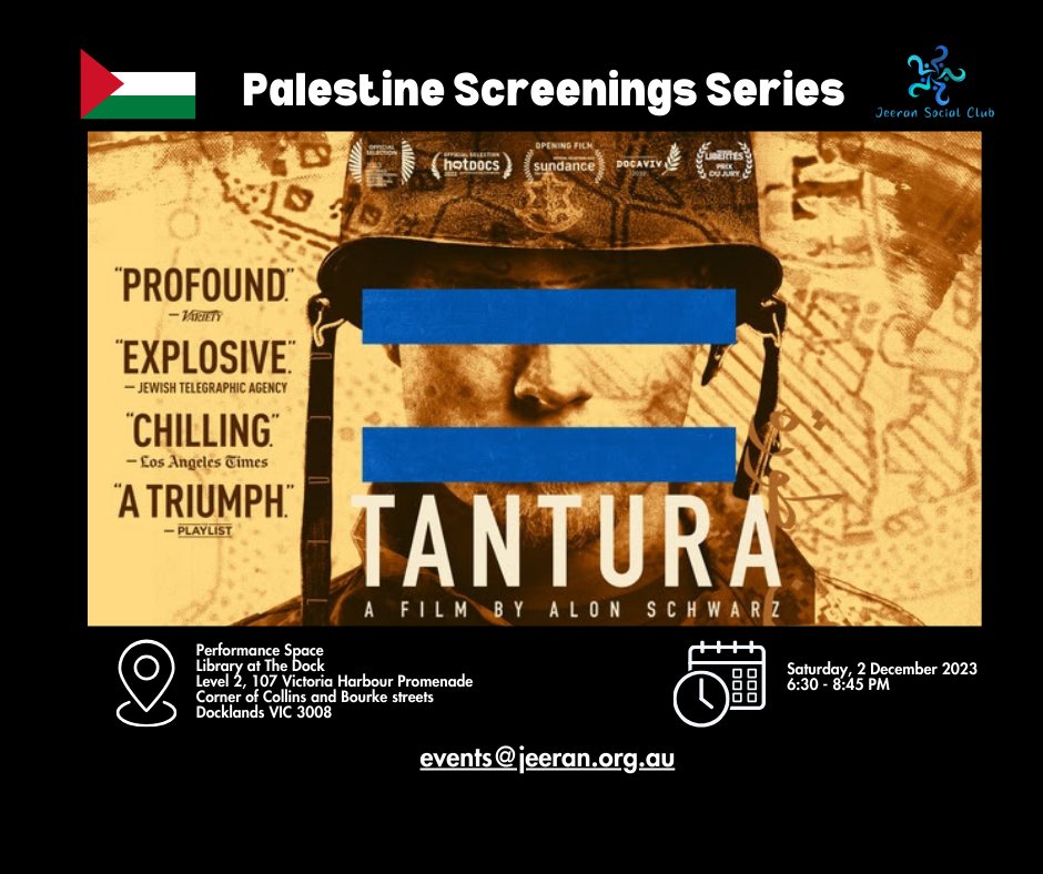 Flyer for the Palestine Screenings Series presenting Tantura, December 2023