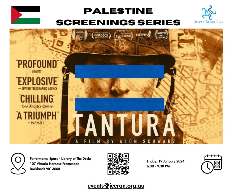 Flyer: Palestine Screenings Series presents Tantura, a film by Alon Schwarz. Friday 19 January 2024, 6:30 to 9:30 pm, Performance Space, Library at The Dock, 107 Victoria Harbour Promenade, Docklands.